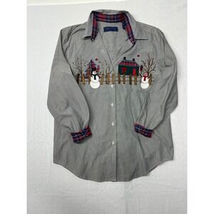 Karen Scott Striped‎ Christmas Holiday Snowman Embroidered Top Blouse Medium